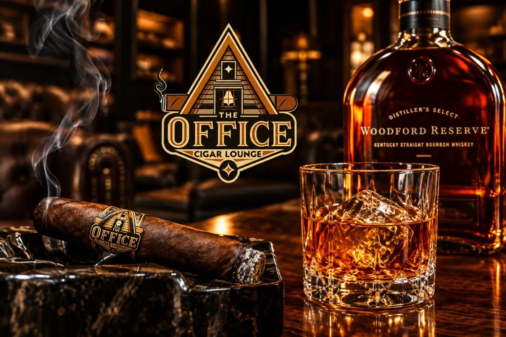 A lit cigar with The Office band beside a glass of bourbon and a bottle of Woodford Reserve