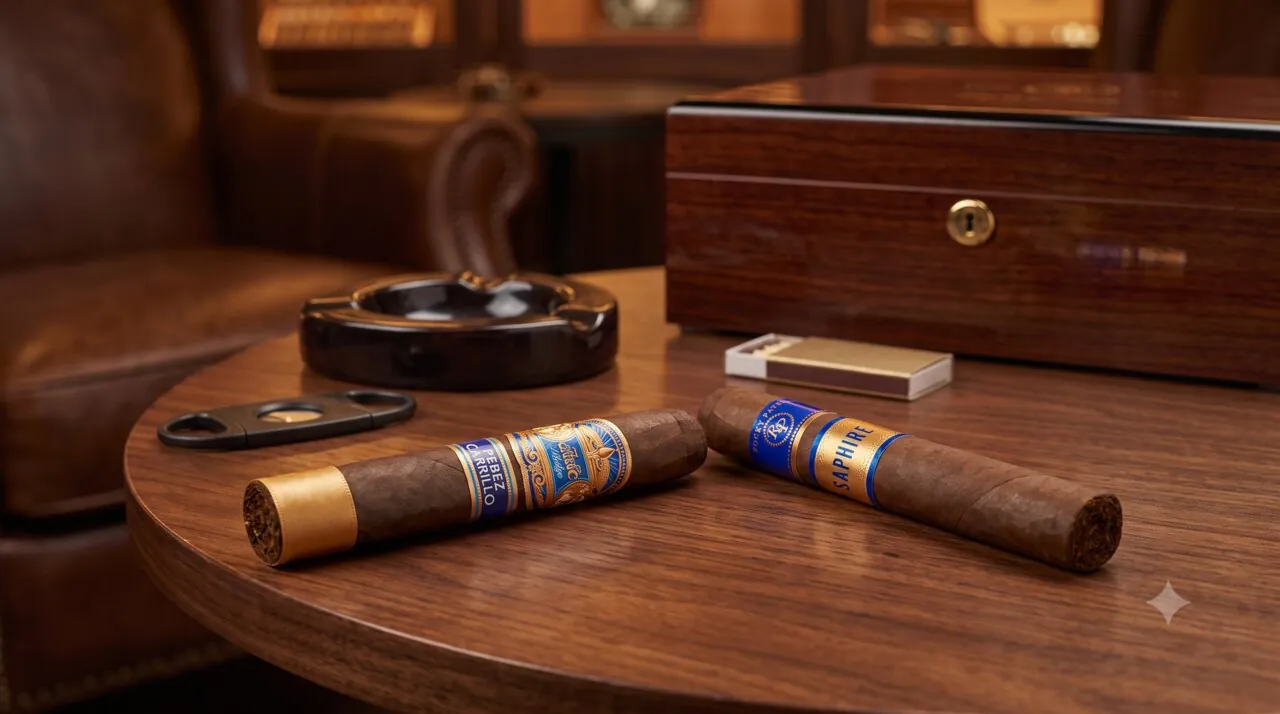 E.P. Carrillo Encore and Rocky Patel Sapphire cigars on a lounge table