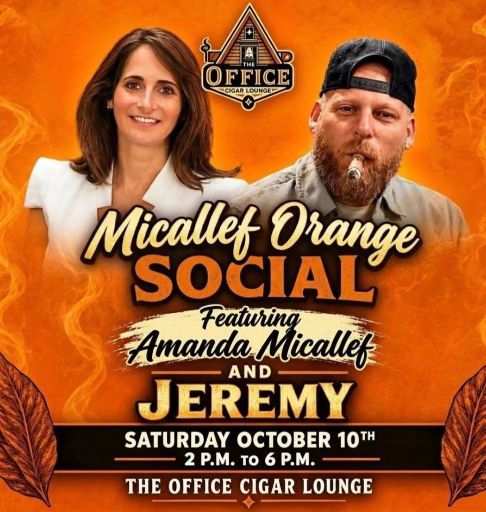 Micallef Orange Social flyer featuring Amanda Micallef and Jeremy, Saturday October 10th, 2 P.M. to 6 P.M., The Office Cigar Lounge